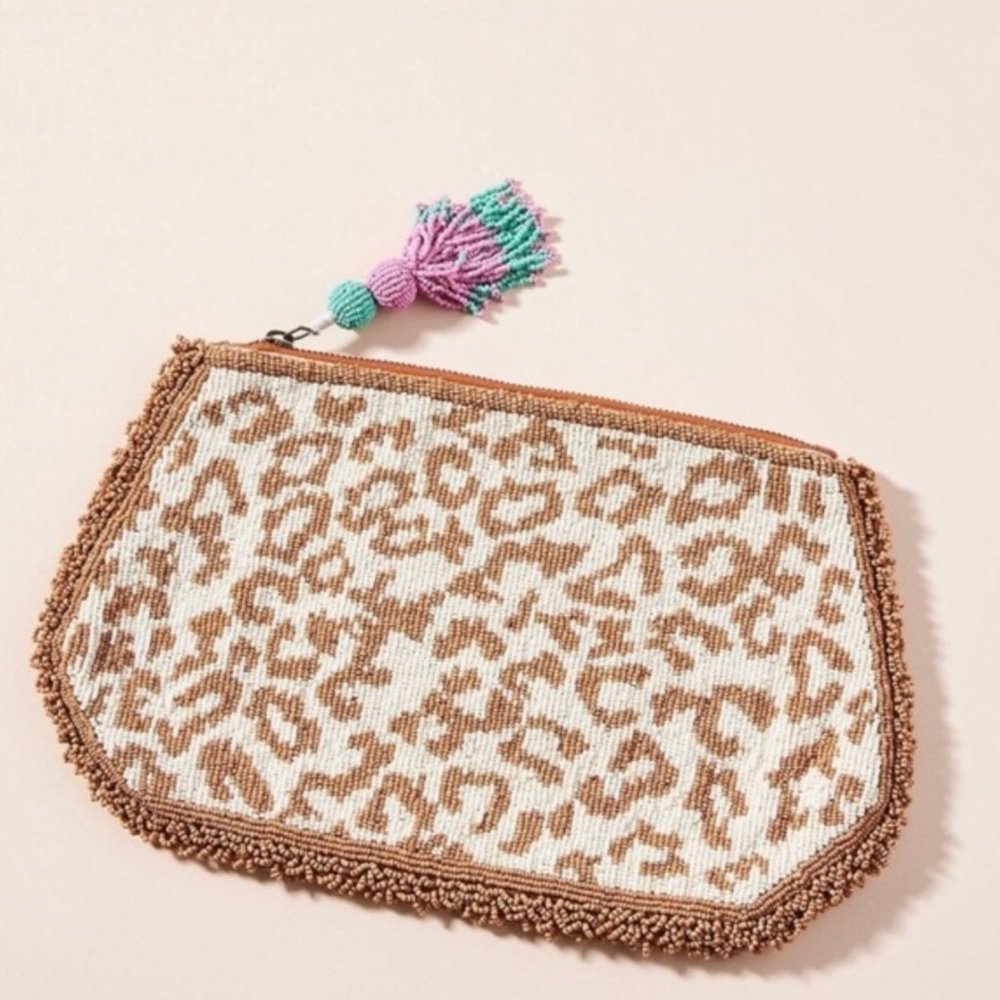 CLOSET CLOSING Anthropologie Harrison Beaded Leopard Cheetah Print Clutch